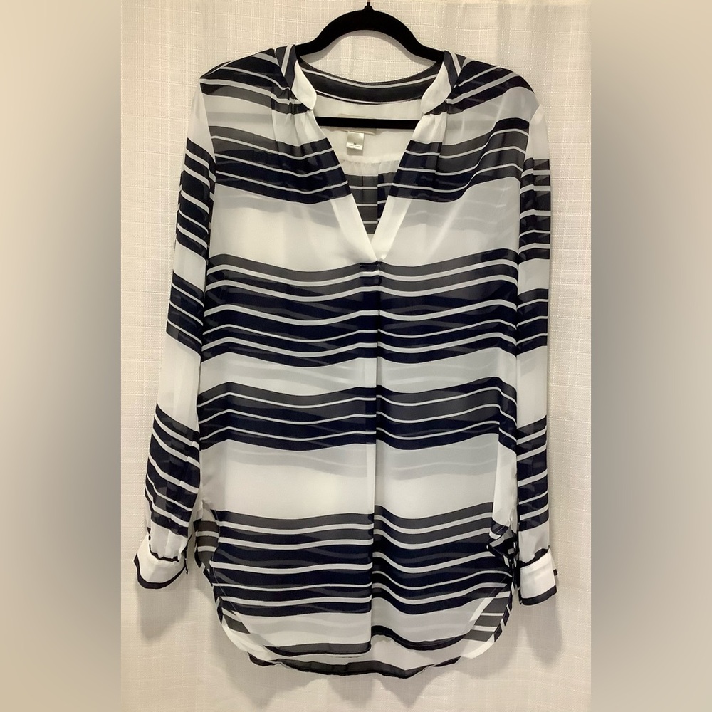 LOFT Navy and White Striped Sheer Blouse